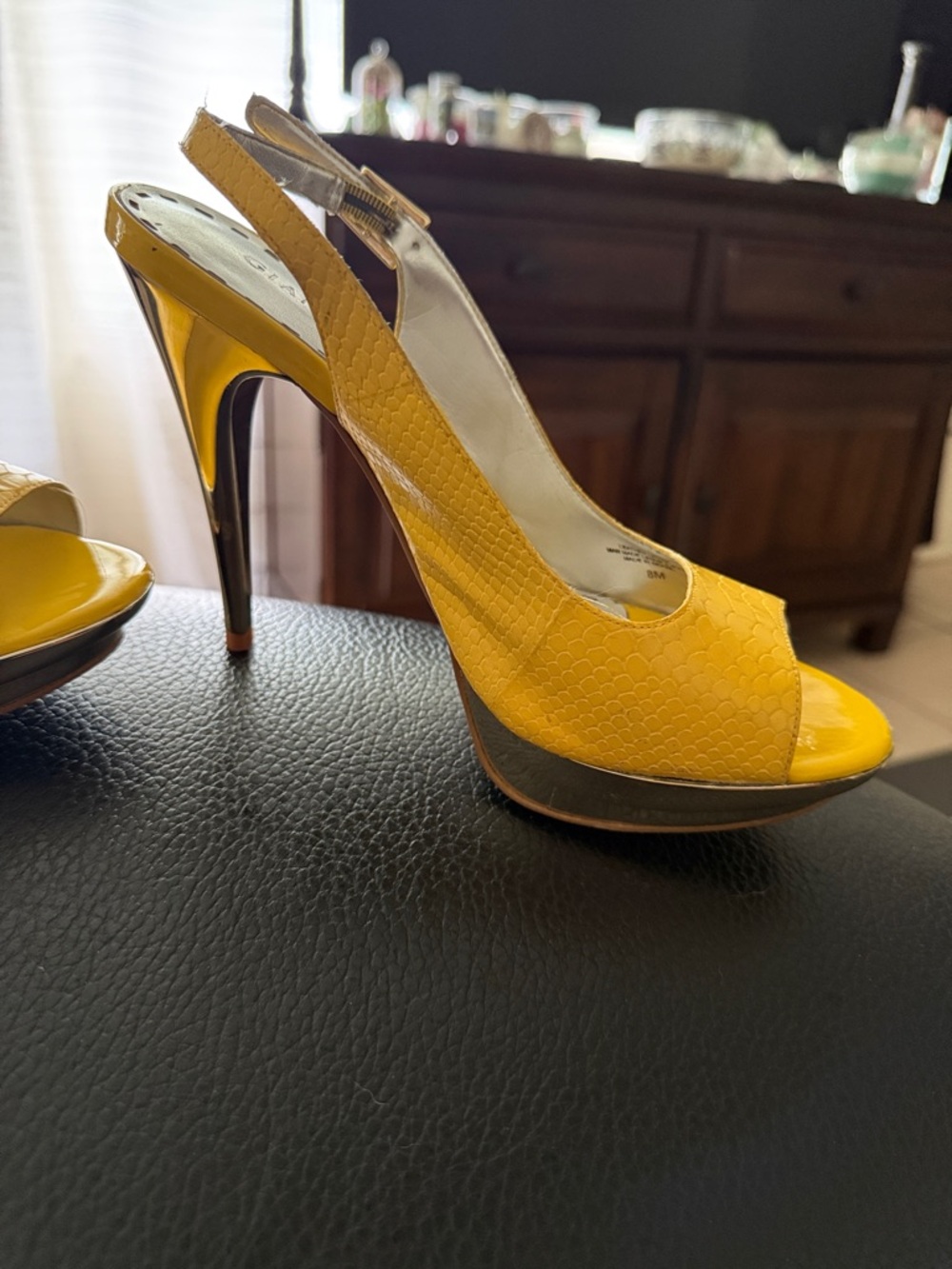 Gianni Bini Yellow Textured Peep-Toe Slingback Platform Heels